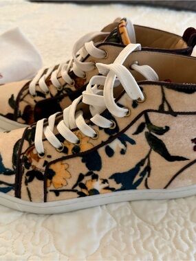 Christian Louboutin Beige Floral High-Top Sneakers with Navy and Yellow Accents